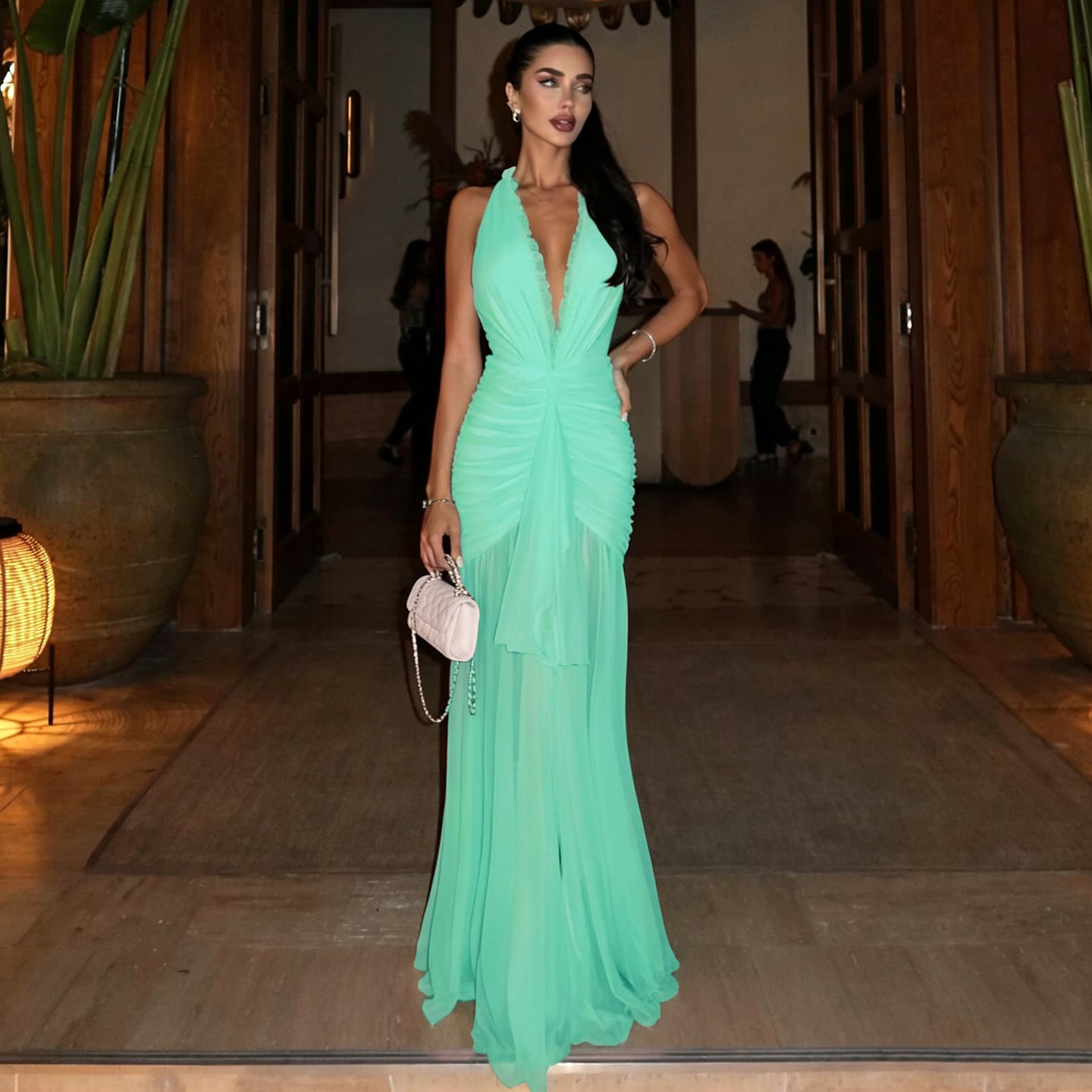Solid Color Mesh Stitching Halter Pleated Dress For