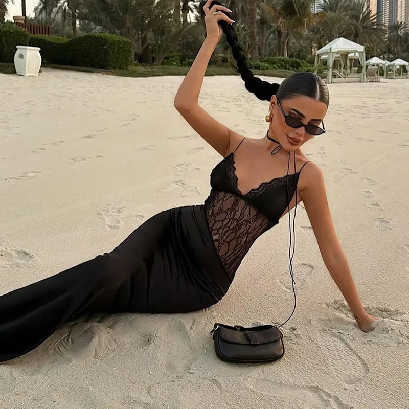 Slim Fit Tied Low Collar Sexy Mesh Stitching Lace Dress