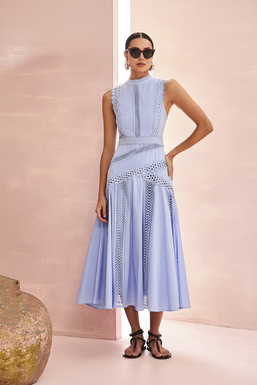 Stitching Hollow Out Cutout out Lace Stand Collar Long Dress Sleeveless Ruffled Maxi Dress Women