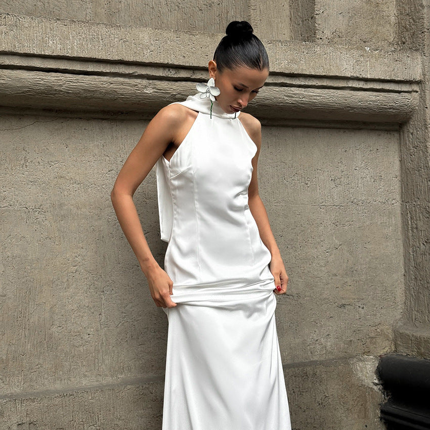 Elegant White Silk like Halter Sleeveless Slim Fit Back Slit Dress