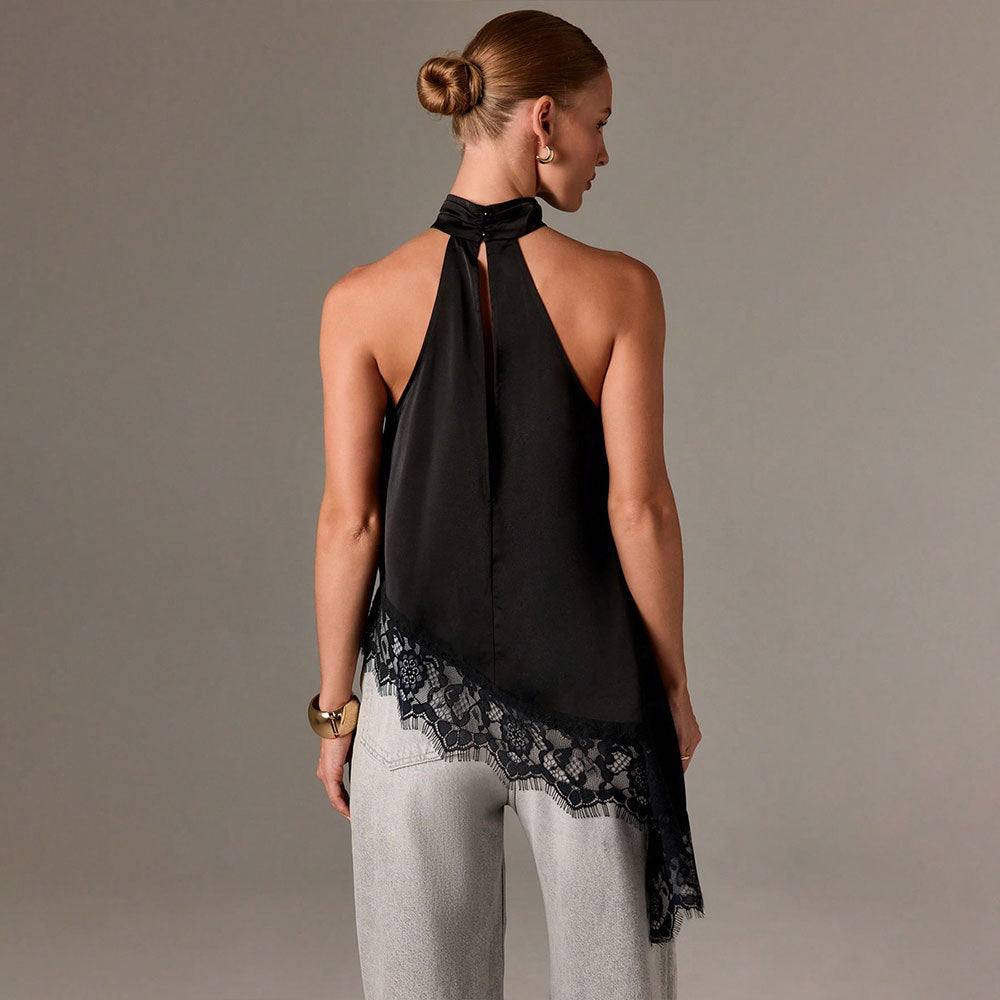 Satin Stitching Lace Vest Halter Sleeveless Small Stand Collar off Shoulder Irregular Asymmetric Top