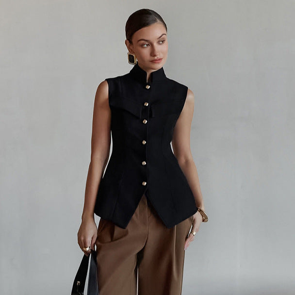 Stand Collar Breasted Sleeveless Waist Split Top Vest