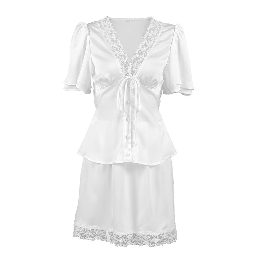Lace V neck Waist Controlled Lace up Short Sleeves Skirt Two Piece Set