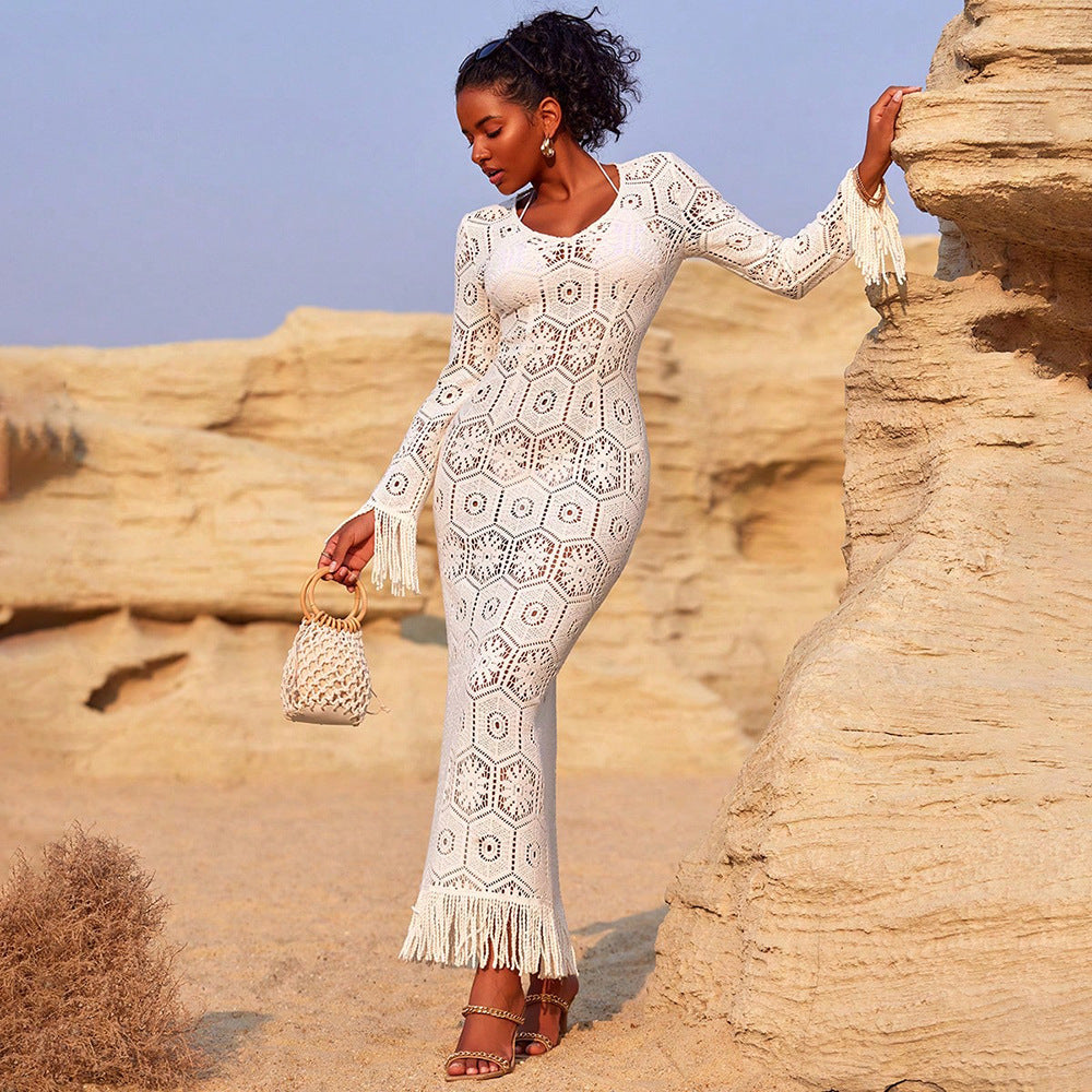 Hollow Out Cutout Slim Fitting Patchwork Tassel High Grade Dress