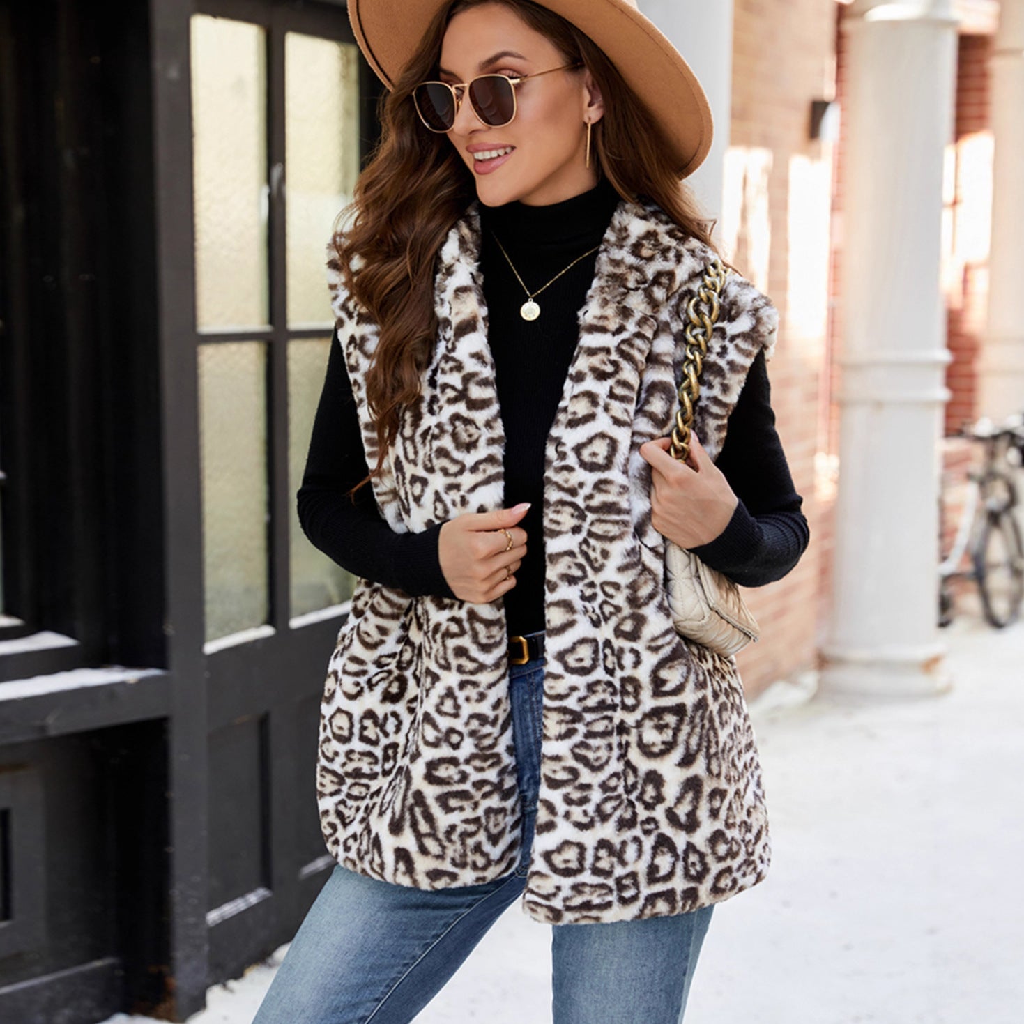 Fur Leopard Print Mid Length Faux Fur Vest Warm Vest