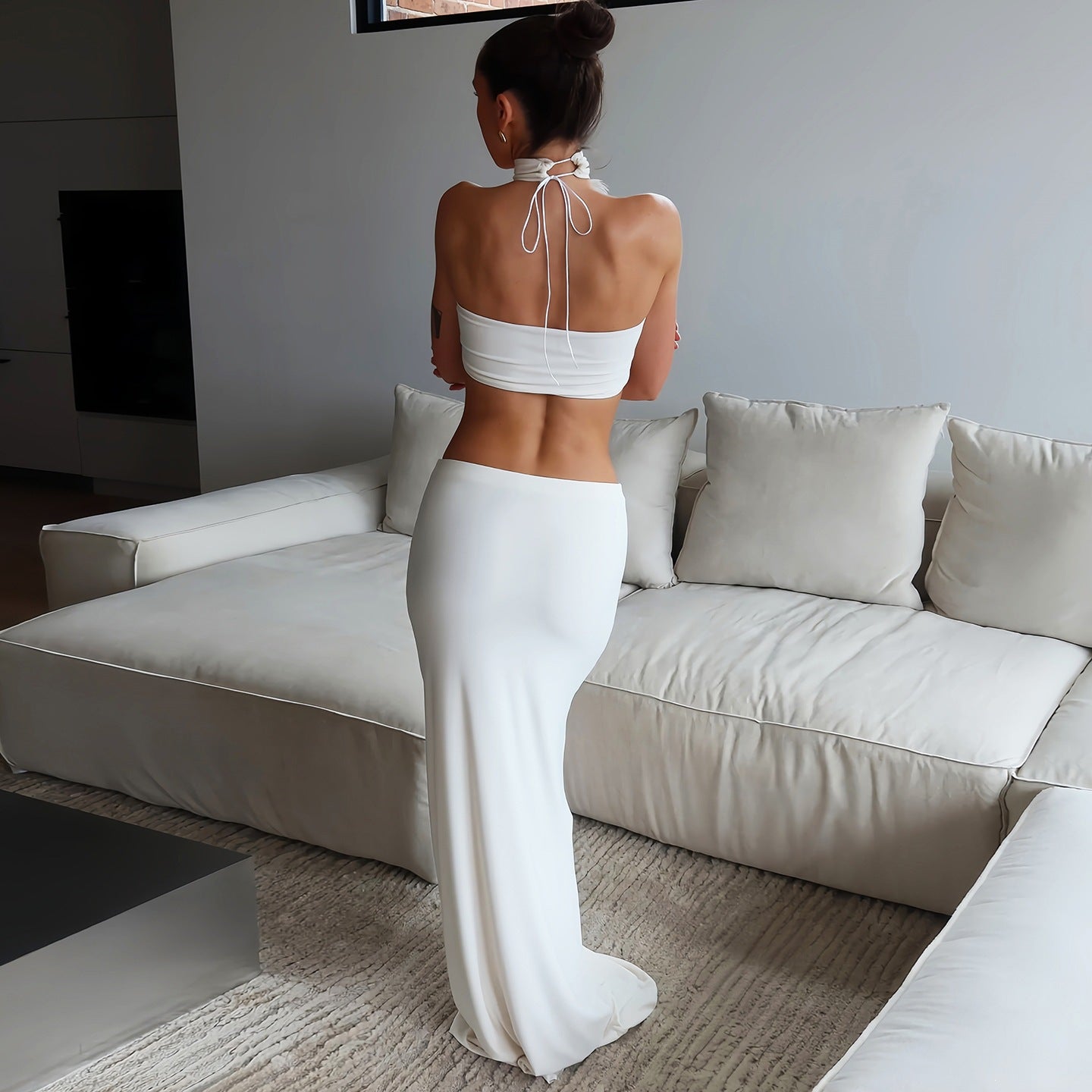 Irregular Asymmetric Turtleneck Patchwork Feather Tube Top Sexy Sheath Skirt Sets