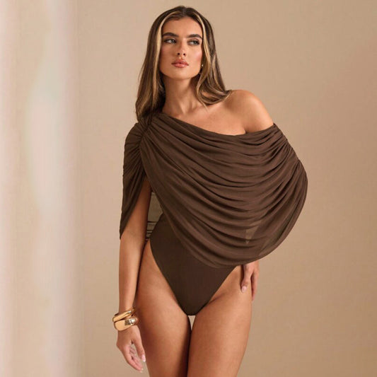 Mesh Loose Pleated Sloping Shoulder off the Shoulder Jumpsuit