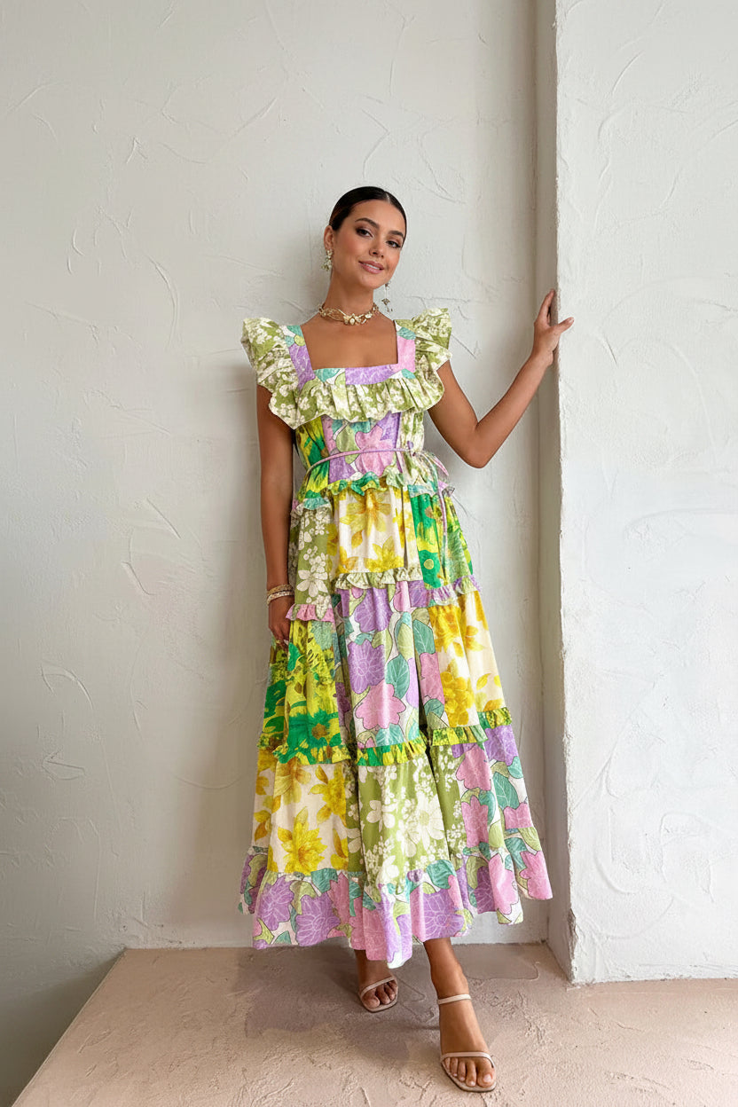 Spring Ruffles Sexy off-Neck Printed Waist Controlled Slim Dress