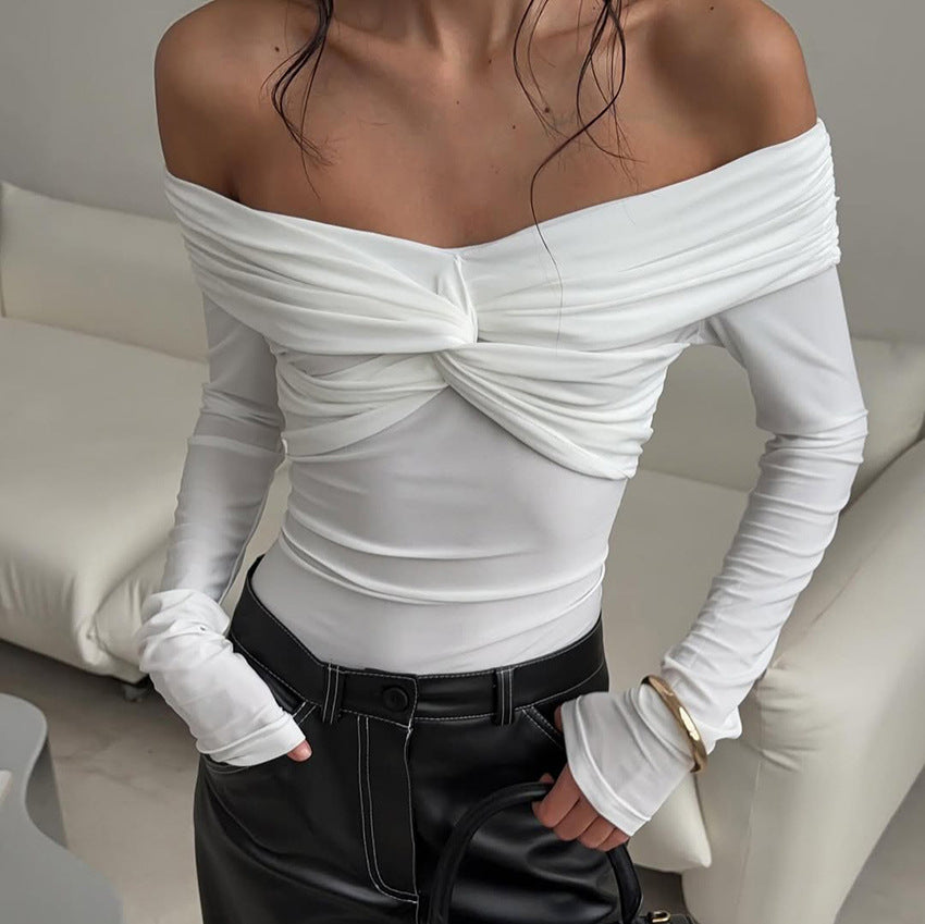 Twisted Collar Long Sleeve T shirt Solid Color Slim Bottoming