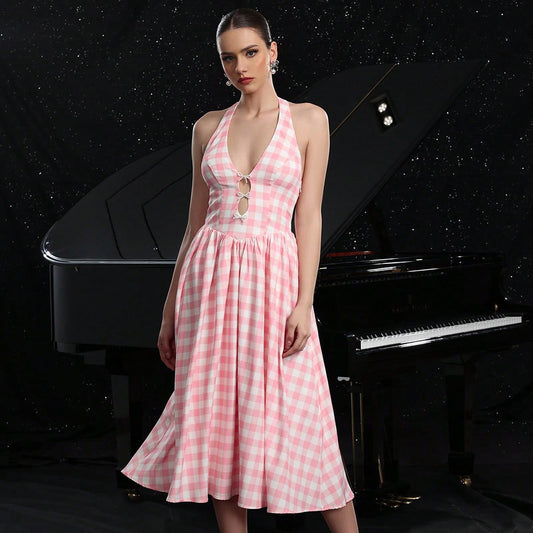 Retro Halter Plaid Printed Large Swing Dress