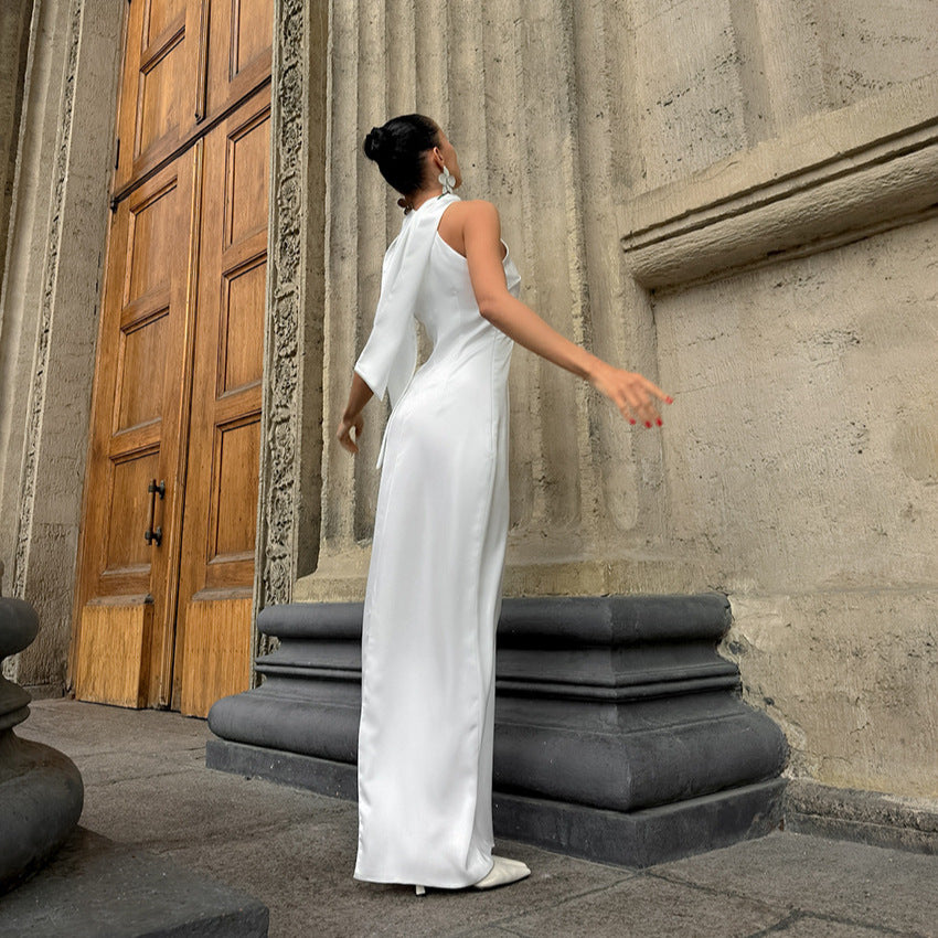 Elegant White Silk like Halter Sleeveless Slim Fit Back Slit Dress