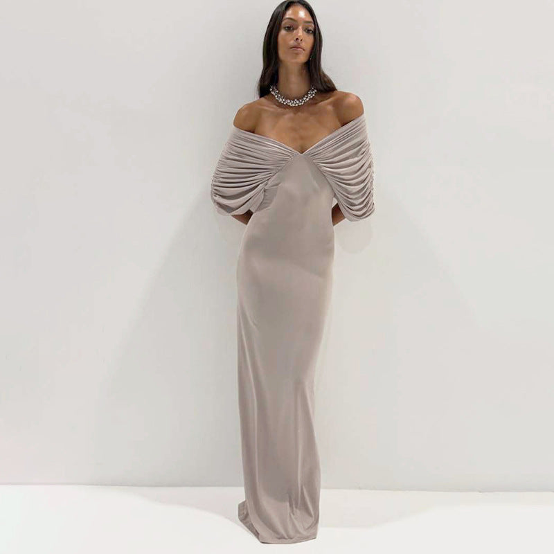 off Neck Sleeve Slim Solid Color Maxi Dress