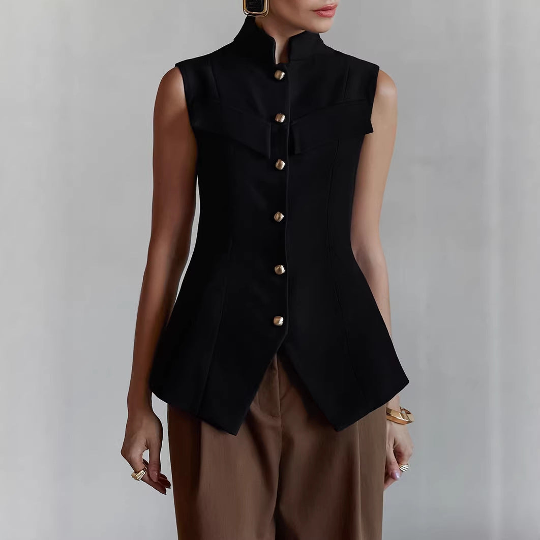 Stand Collar Breasted Sleeveless Waist Split Top Vest