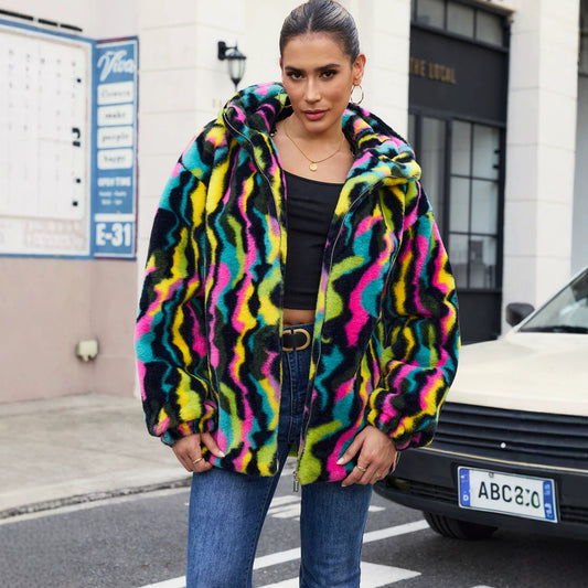 Best Clothes Faux Fur Colorful Camouflage Coat Plush