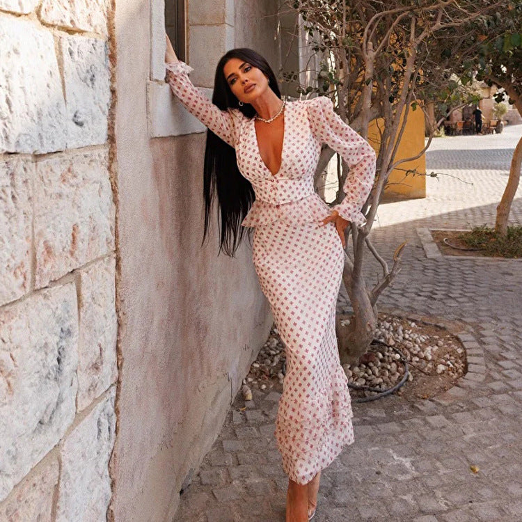 V neck Long Sleeve Waist-Controlled Top Printed Two Piece Skirt Set