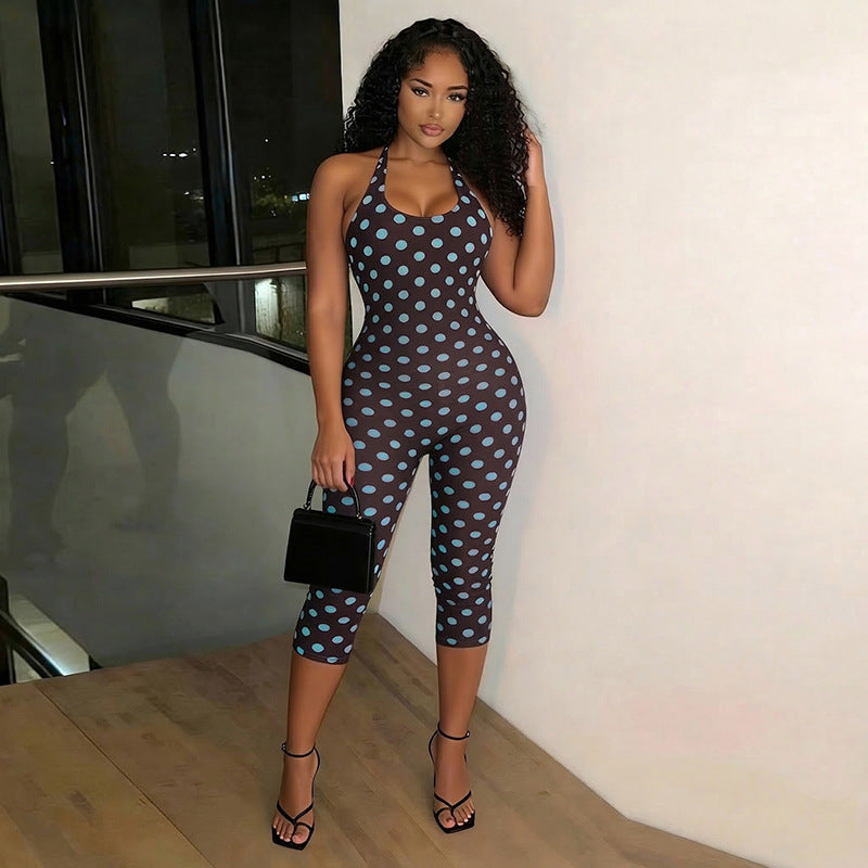 Polka Dot Print Sleeveless Halter Tied Slim Fit Cropped Jumpsuit