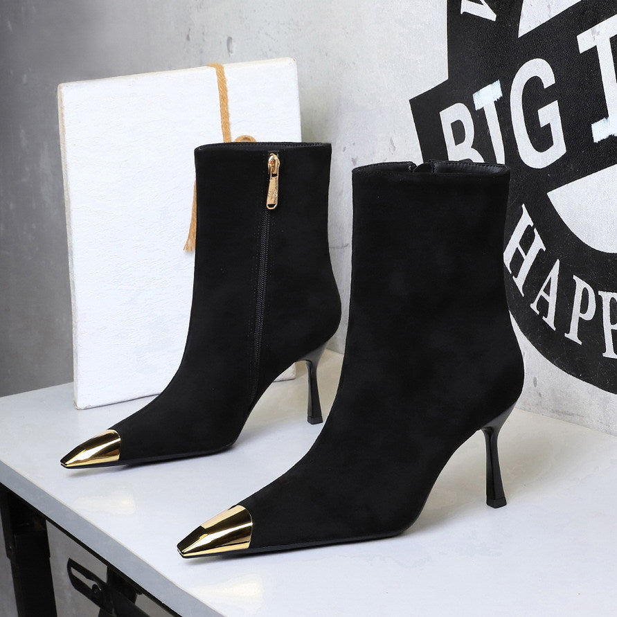 Stiletto Heel Boots Black Suede Metal Small Sharp