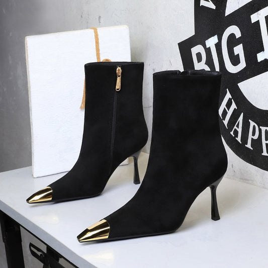 Stiletto Heel Boots Black Suede Metal Small Sharp