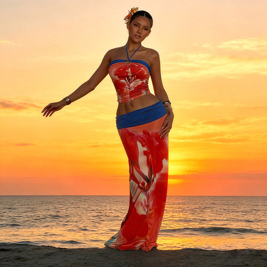Sleeveless Halter Color Contrast Printed Vest Slim Sheath Skirt Two Piece Sets