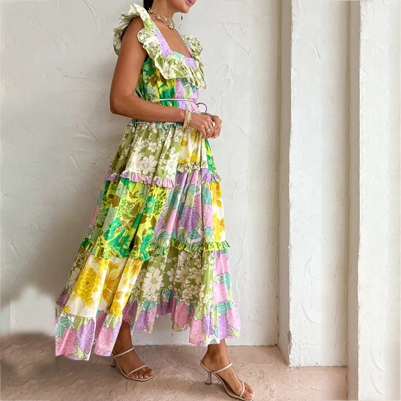 Spring Ruffles Sexy off-Neck Printed Waist Controlled Slim Dress