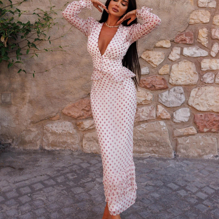 V neck Long Sleeve Waist-Controlled Top Printed Two Piece Skirt Set