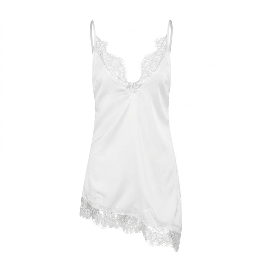 V neck Lace Patchwork Slit Waist Trimming Spaghetti Straps Small Vest