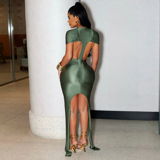 Short Sleeve Back Hollow Out Cutout Ribbon Pleated Slim Dress