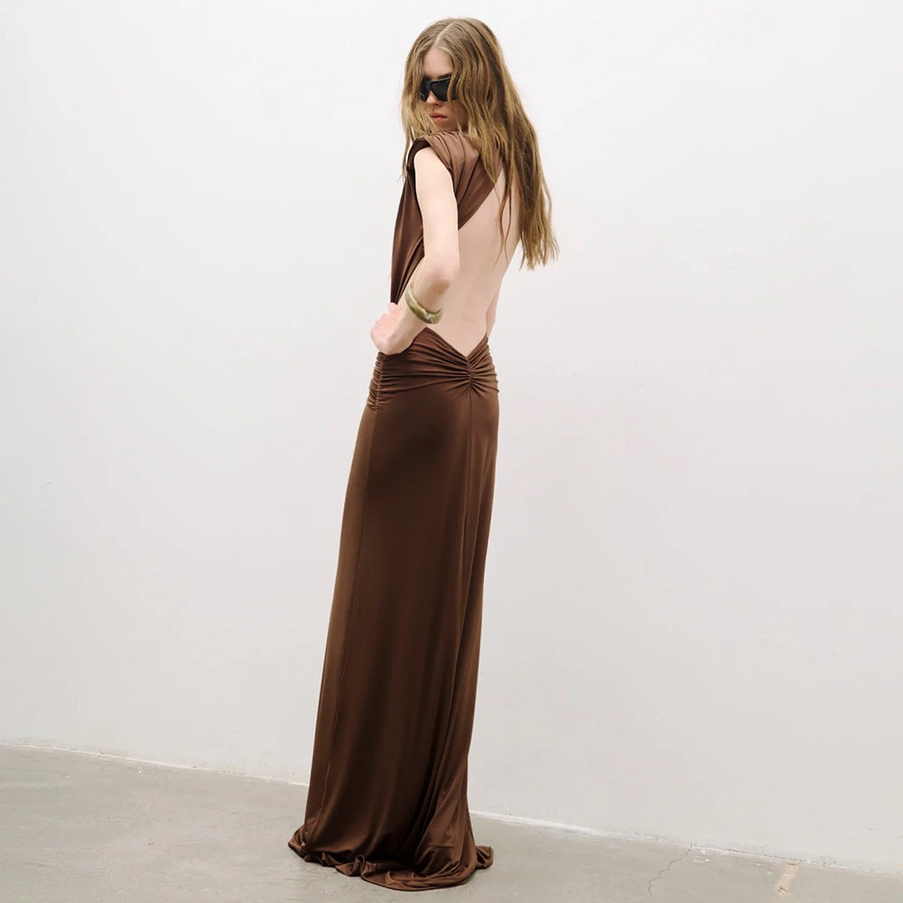 Brown Twisted Pleated Sleeveless Deep V Plunge Hip