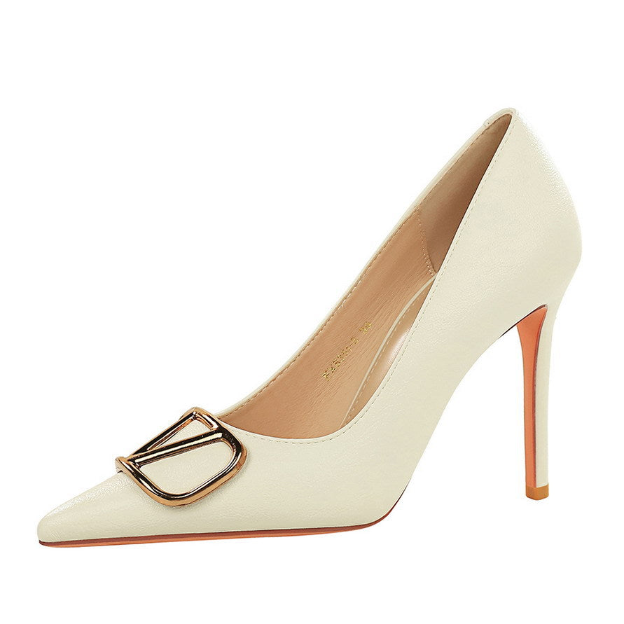 Metal V Buckle Pointed Toe Super High Heel Stiletto