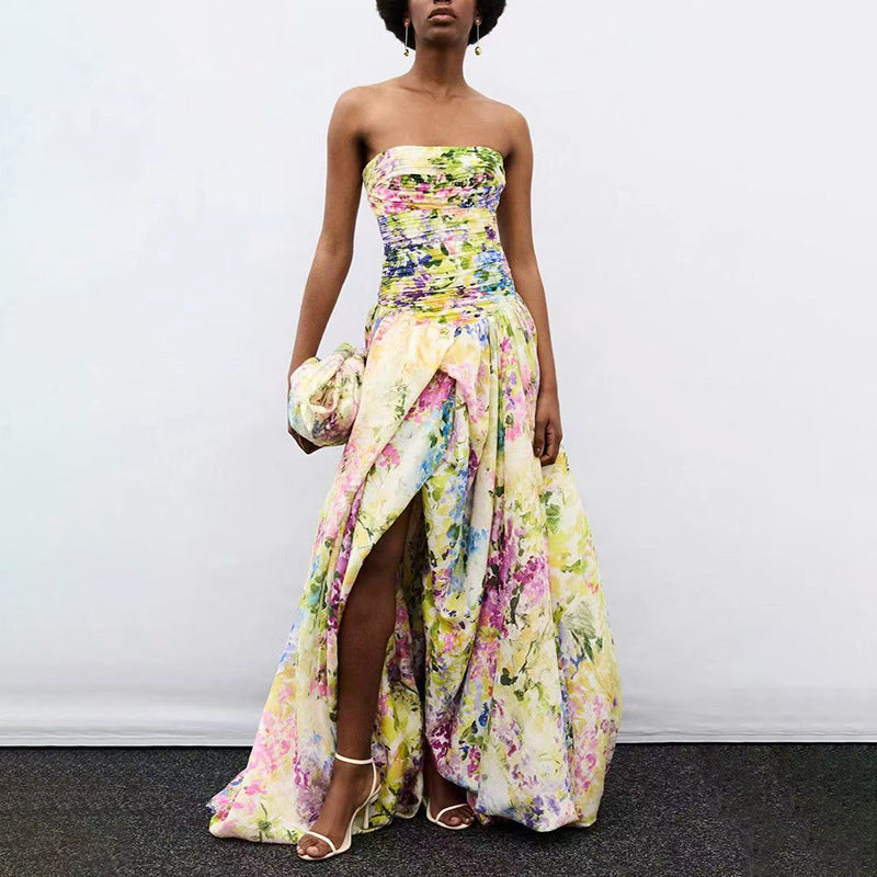 Fresh Printed Sleeveless Tube Top Tight Waist Slimming Slit Maxi Dress
