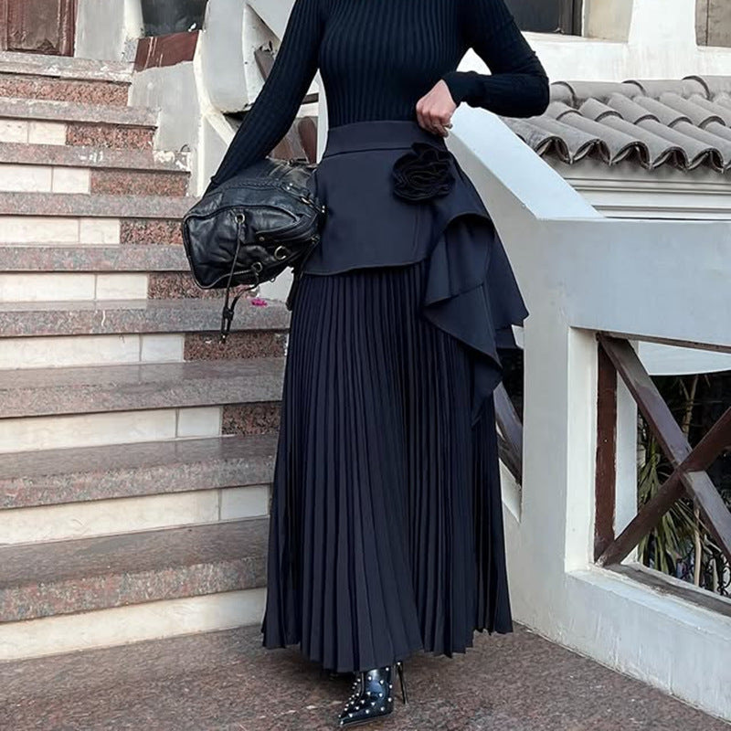 Design Skirt for Women Autumn Elegant Floral High Sense High Waist Pleated Maxi Skirt