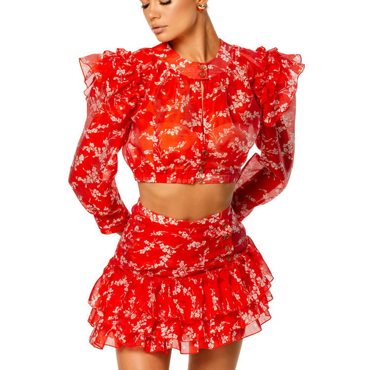 round Neck Long Sleeves Cropped Top Skirt Printed Two Piece Sets Sexy