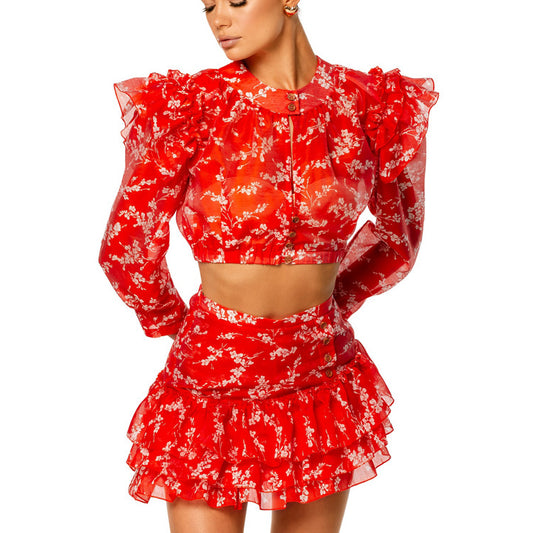 round Neck Long Sleeves Cropped Top Skirt Printed Two Piece Sets Sexy