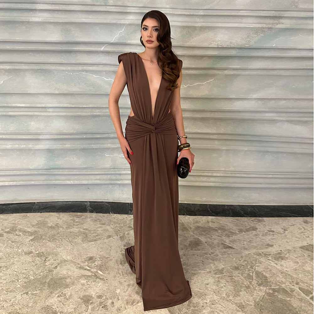 Brown Twisted Pleated Sleeveless Deep V Plunge Hip