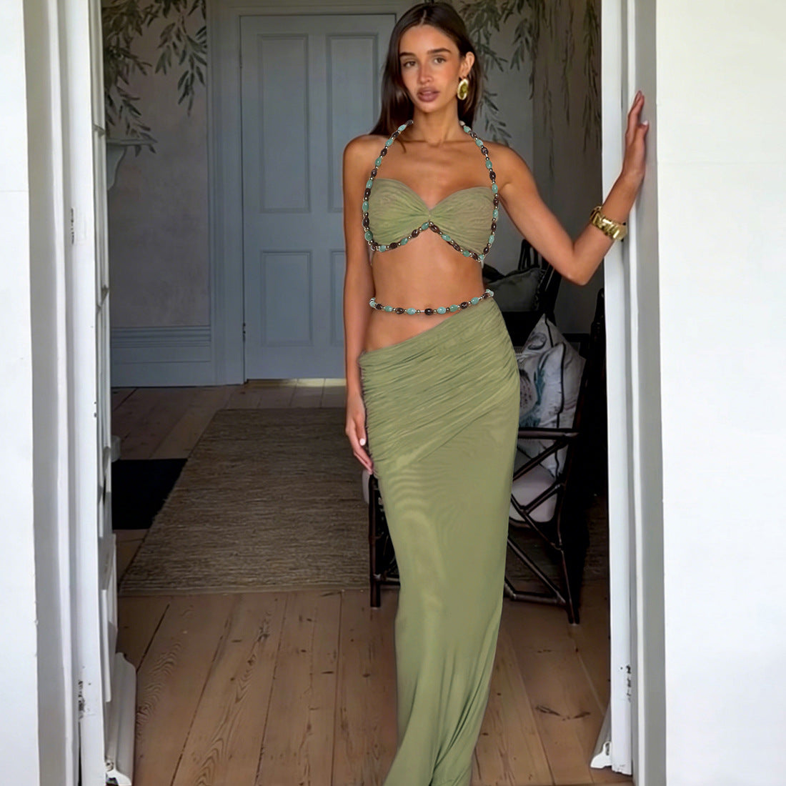 Solid Color Sleeveless Halter Small Sling High Waist Sexy Hip Bag Slim Skirt Two Piece Sets