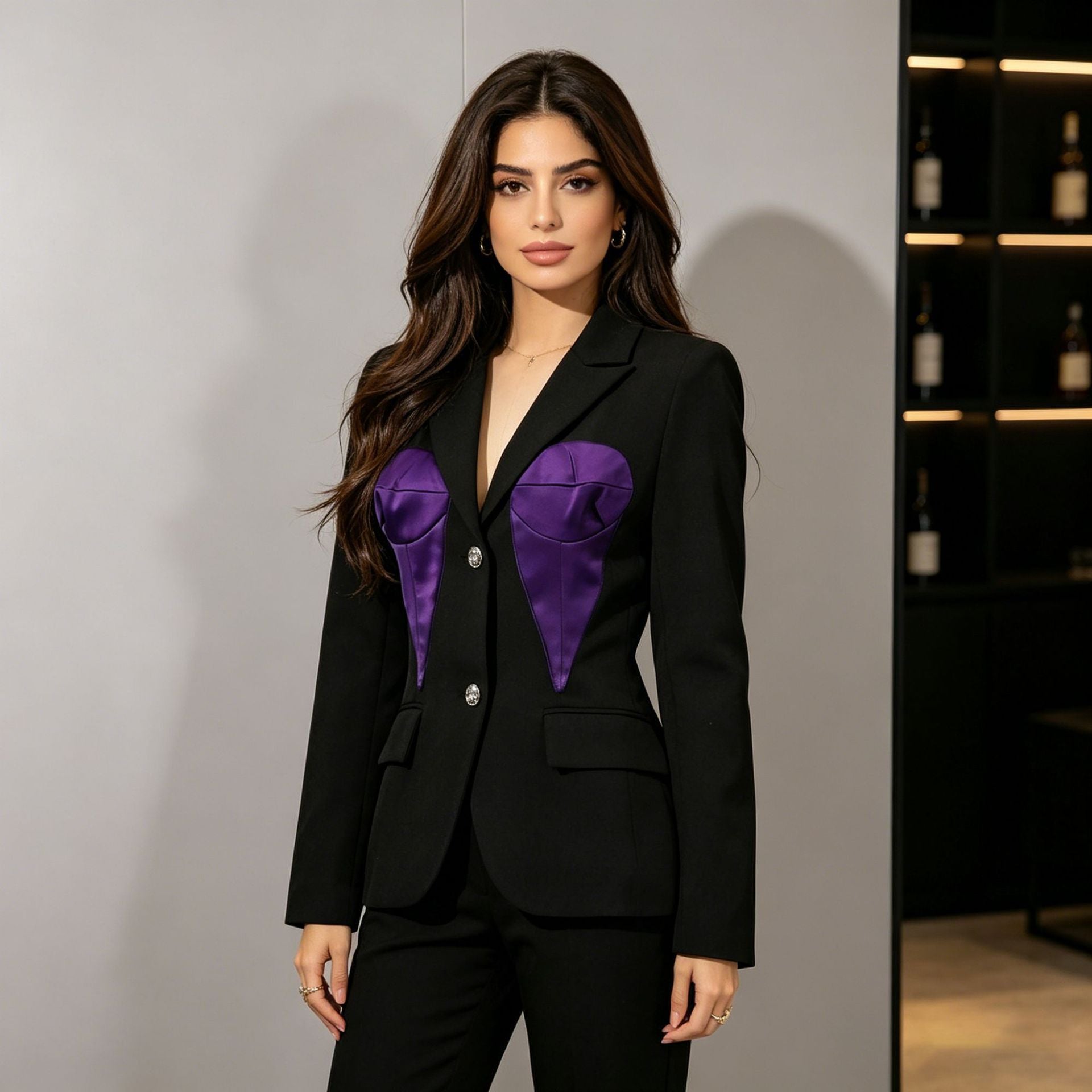 Office Niche Design Slim Fit Contrast Colors Long Sleeve Blazer for Women