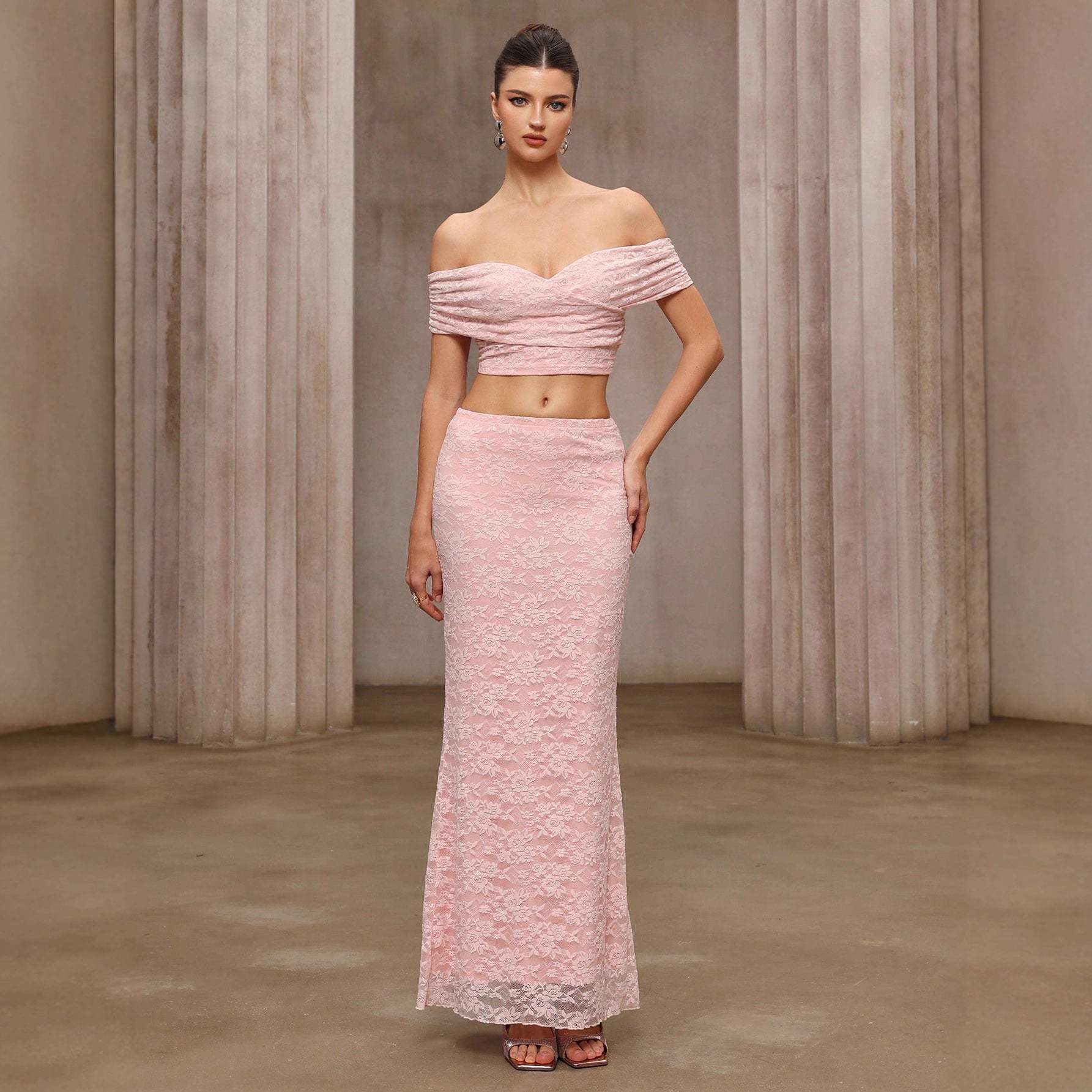Slim Fit Skirt Two Piece Set Lace off Shoulder Top