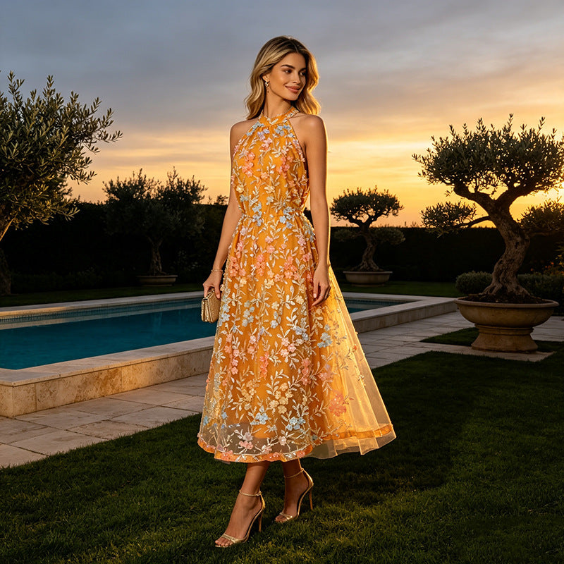 Seaside Vacation Maxi Dress Embroidered Halter Slim