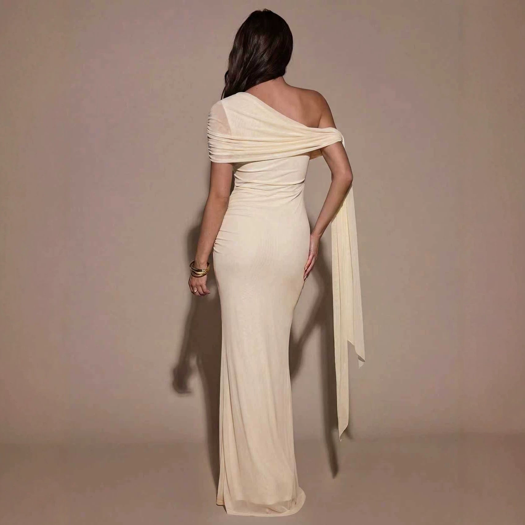 Shoulder Irregular Asymmetric Maxi Dress Pleated Slim Summer Dress