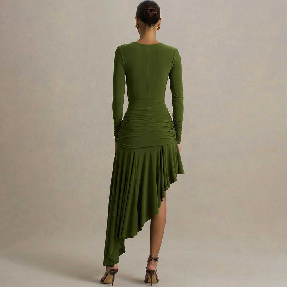 Pleated Asymmetric Maxi Dress