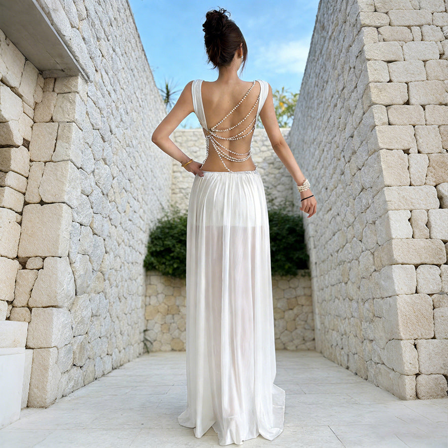 Women Spring Clothing Sexy Chain Stitching Vest Mesh See through Skirt Set
