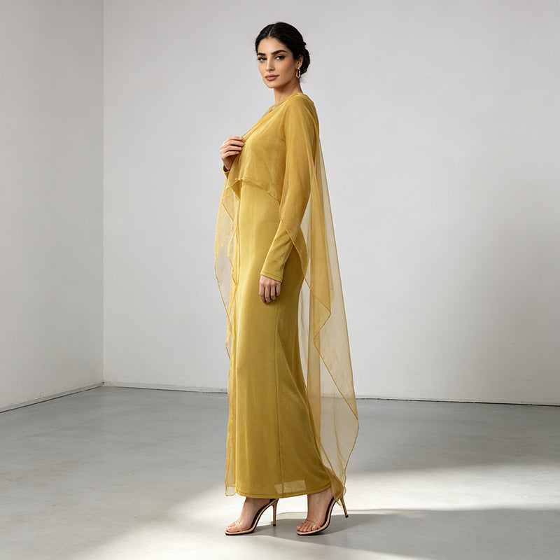 Niche round Neck Mesh Stitching Solid Color High Waist Maxi Dress