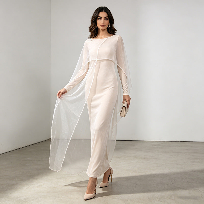 Niche round Neck Mesh Stitching Solid Color High Waist Maxi Dress