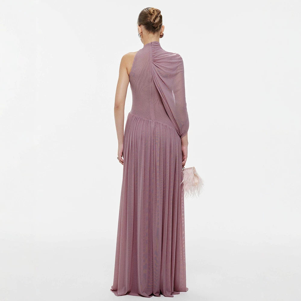 One Shoulder Pinch Pleated Ribbon Vietnam Pleated Hip