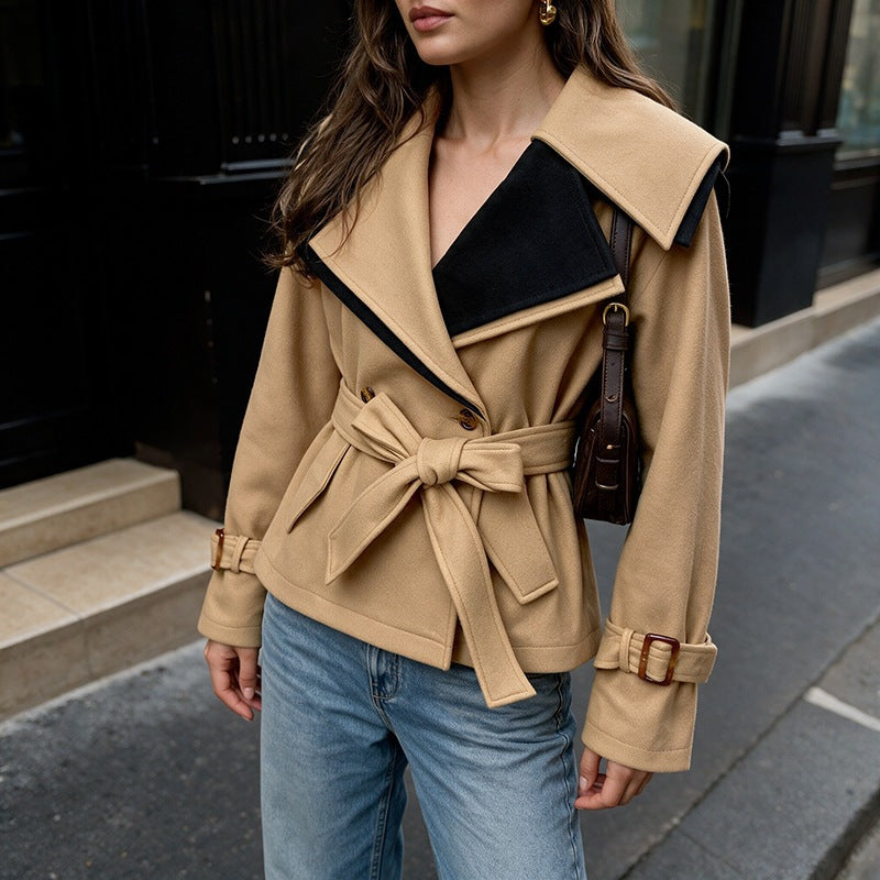 Woolen Coat Thick Lace Up Waist Controlled Coat