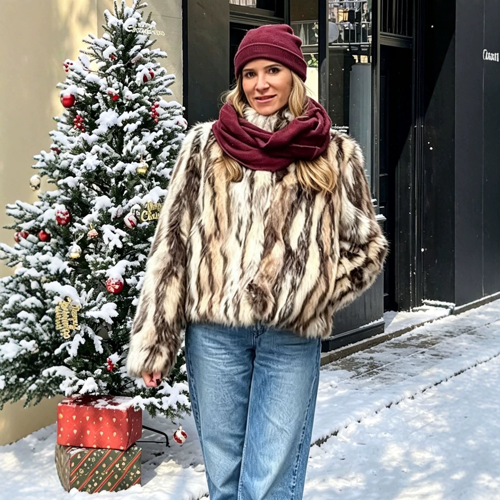 Artificial Fur Jacket Black White Top Fuzzy Coats