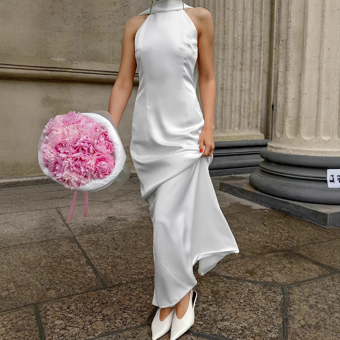Elegant White Silk like Halter Sleeveless Slim Fit Back Slit Dress