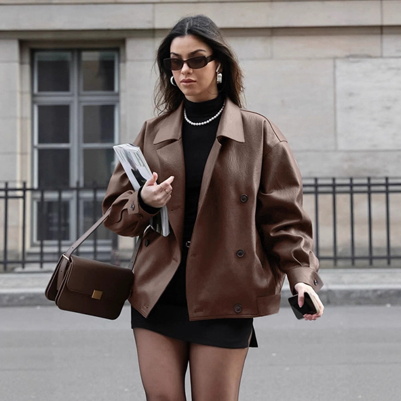 Retro Brown Leather Loose Collar Leather Jacket Coat Mid Length