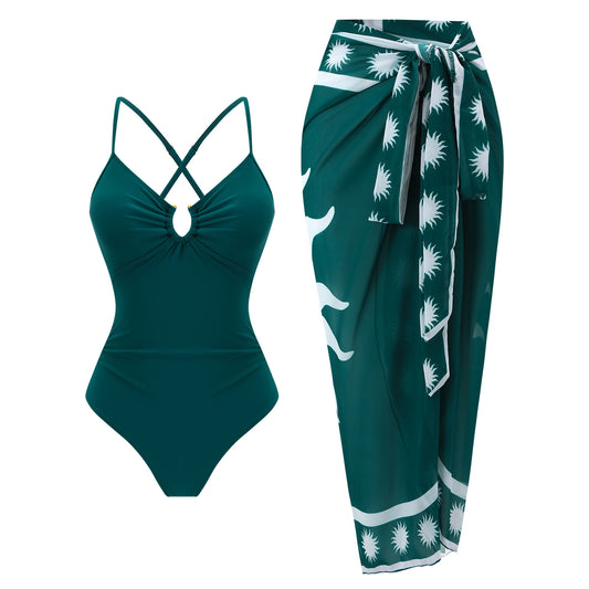 Bikini Print Siamese Conservative Swimsuit Wrap Skirt Two Piece Sets