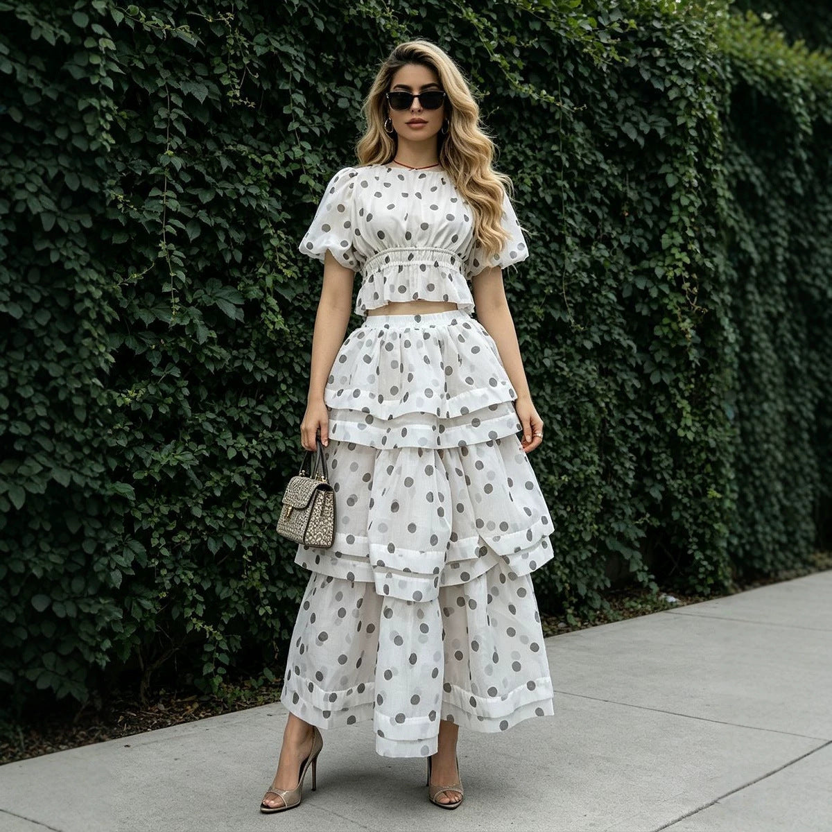 Summer Polka Dot Cropped Lantern Sleeve Tiered Dress Two Piece Sets Slim Slimming Skirt Women